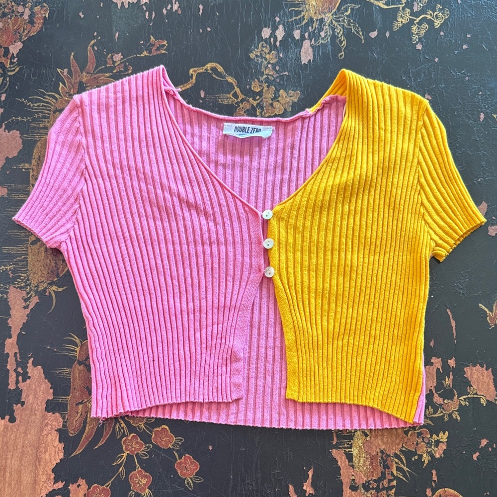 Double Zero Pink and Yellow Ribbed Button Down Sweater